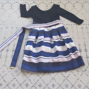 Striped Fit-and-Flare Dress with Long Sleeves - Navy & White